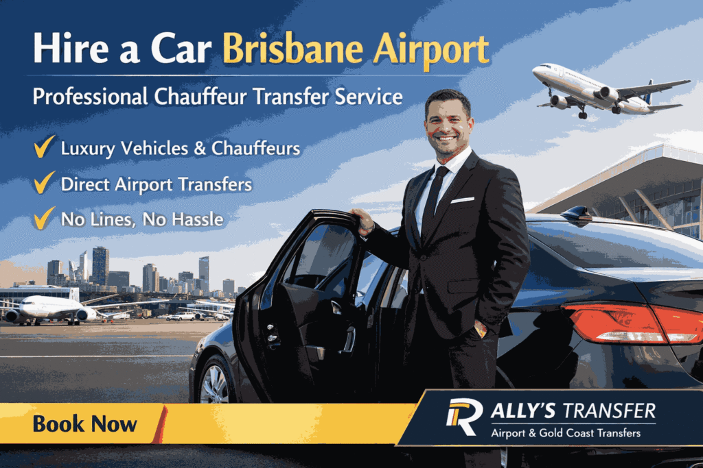 Professional chauffeur standing next to a black luxury car at Brisbane Airport, ready for airport transfers with airplanes in the background.